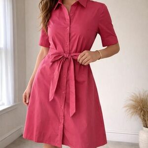 Lauren Ralph Lauren Pink Shirt Dress Tie Waist Button Front Cotton Blend Size 8